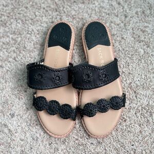 Jack Rogers Black and Nude Two-Band Leather Slide Sandals